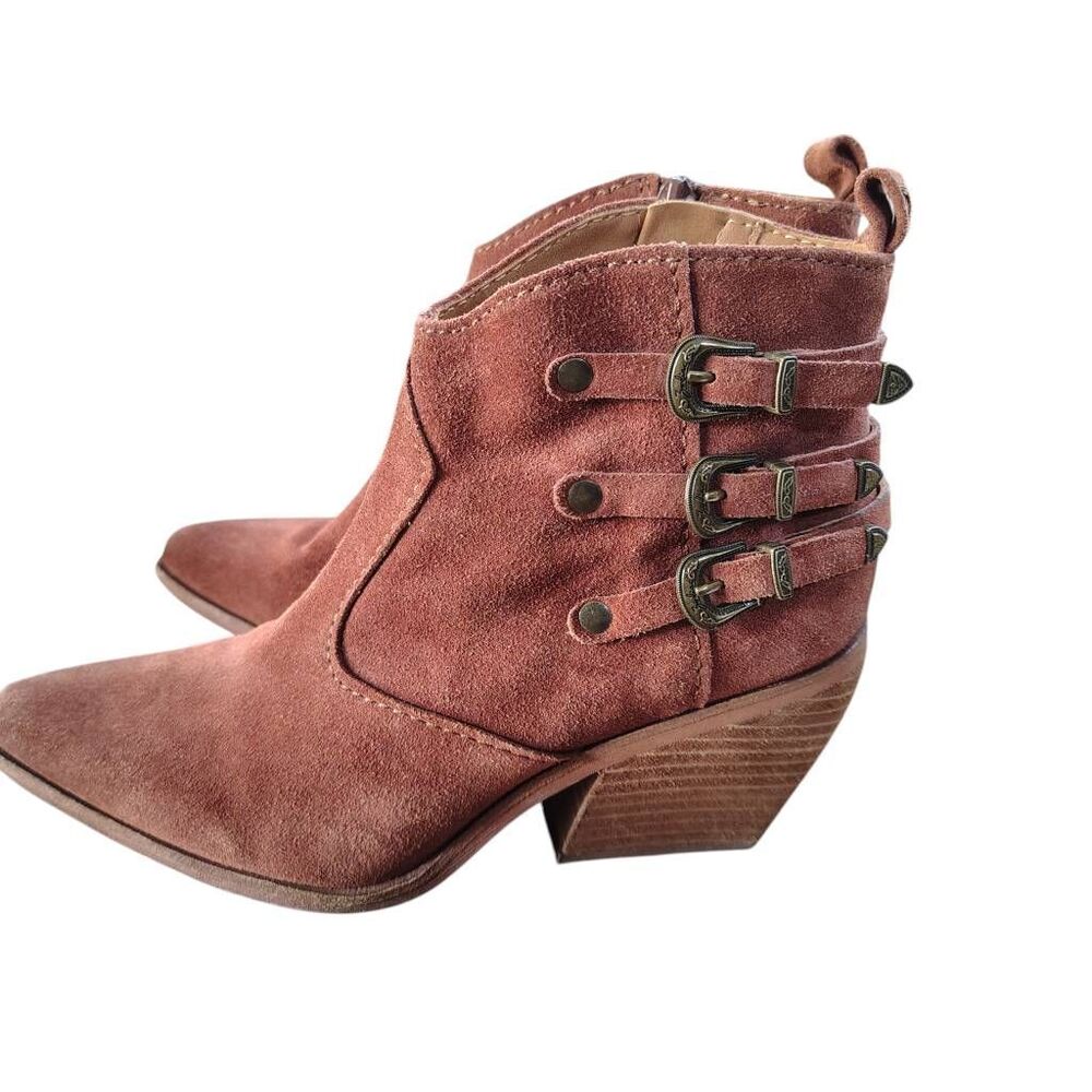 Zodiac Dacey Chestnut Suede Ankle Boots Women’s 7.5 Western Buckle Strap Side Zi - Picture 3 of 12